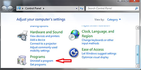 Control Panel screen shot pointing to Programs: Uninstall a program icon
