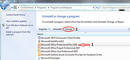 Uninstall screen shot pointing to Change tab and Microsoft Office Professional Plus 2010 icon