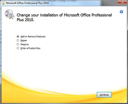 Microsoft Office Professional Plus 2010 dialog with Add or Remove Features selected
