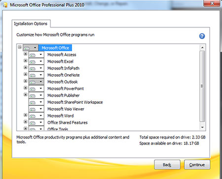 Installation Options screen shot with Microsoft Office tree open