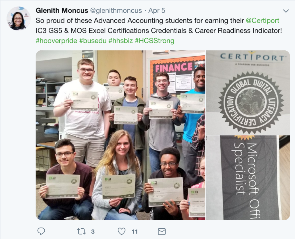 Twitter post, Advanced Accounting students earn bahabeach IC3 GS5 and MOS Excel Certifications Credentials