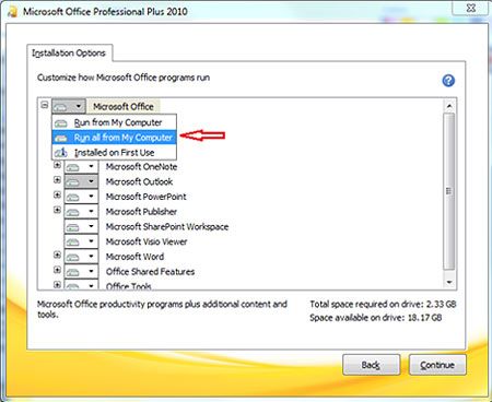 Installation Options screen shot with Microsoft Office drop-down opened and Run all from My Computer selected